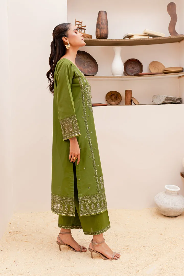 Pakistani Traditional Kameez Trousers Party Dress in Army Green Shade