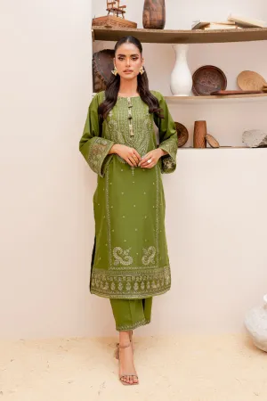 Pakistani Traditional Kameez Trousers Party Dress in Army Green Shade
