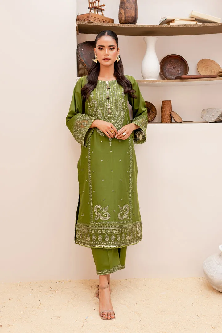Pakistani Traditional Kameez Trousers Party Dress in Army Green Shade