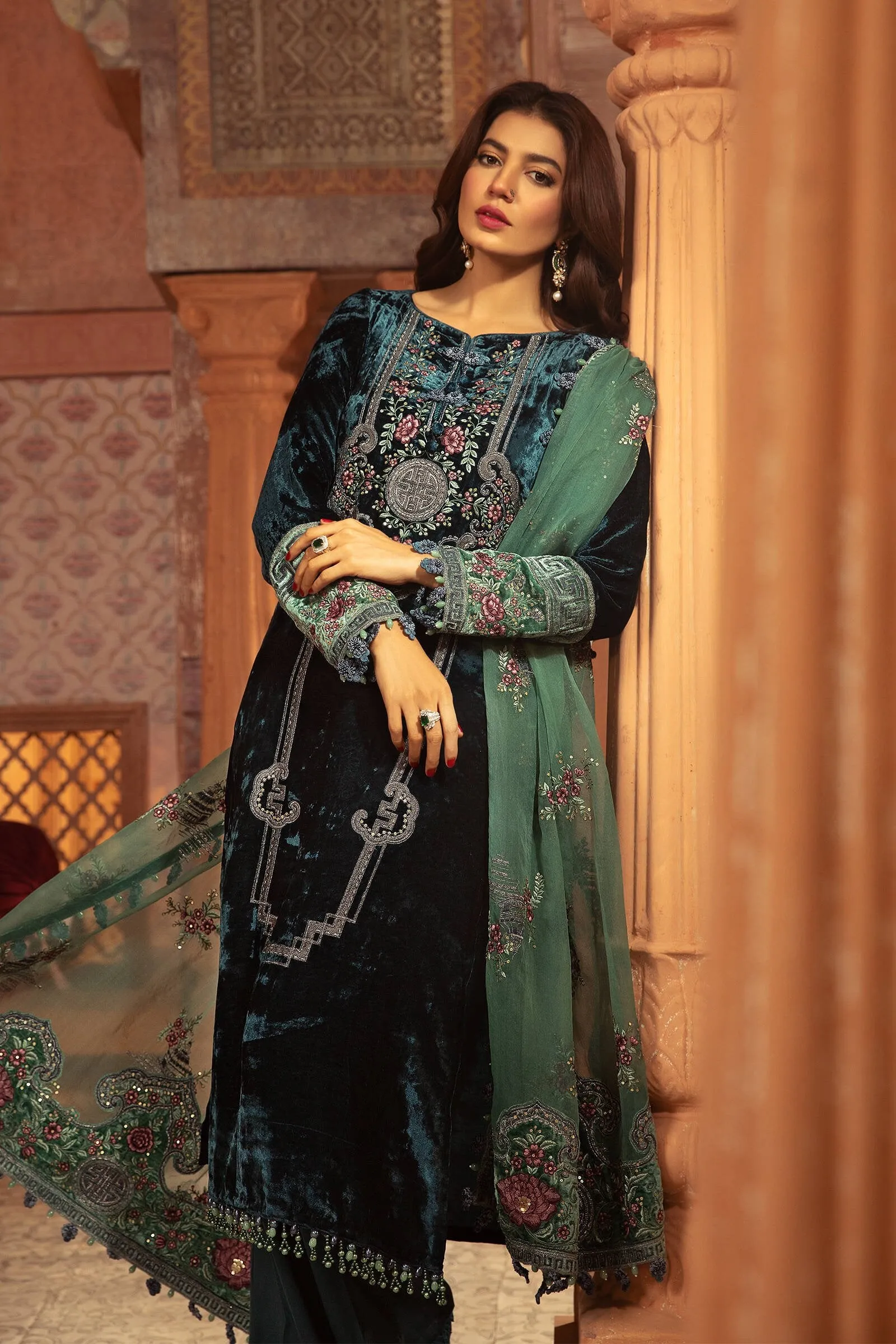 Pakistani Velvet Suit in Bottle Green Shade #PF315