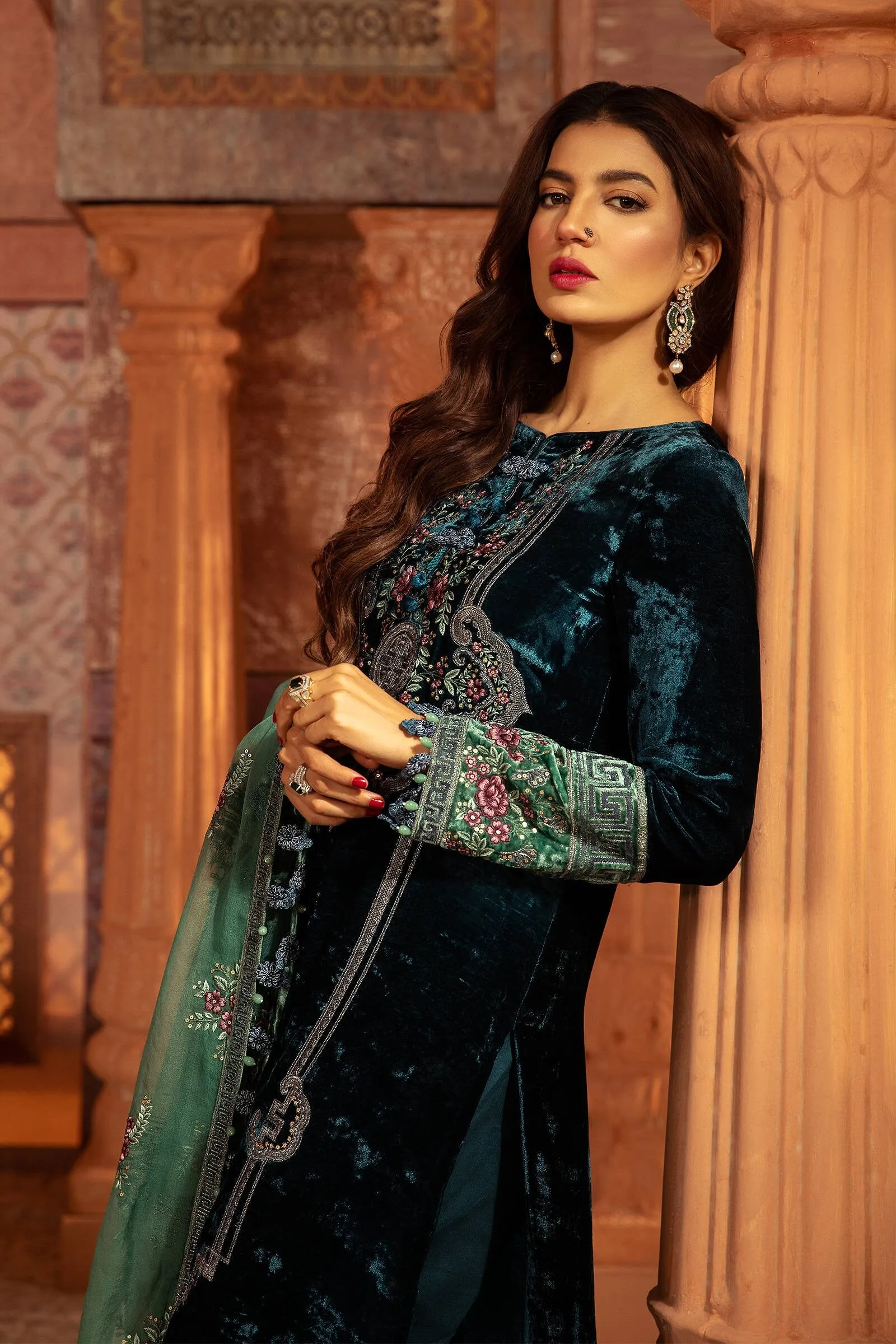 Pakistani Velvet Suit in Bottle Green Shade #PF315