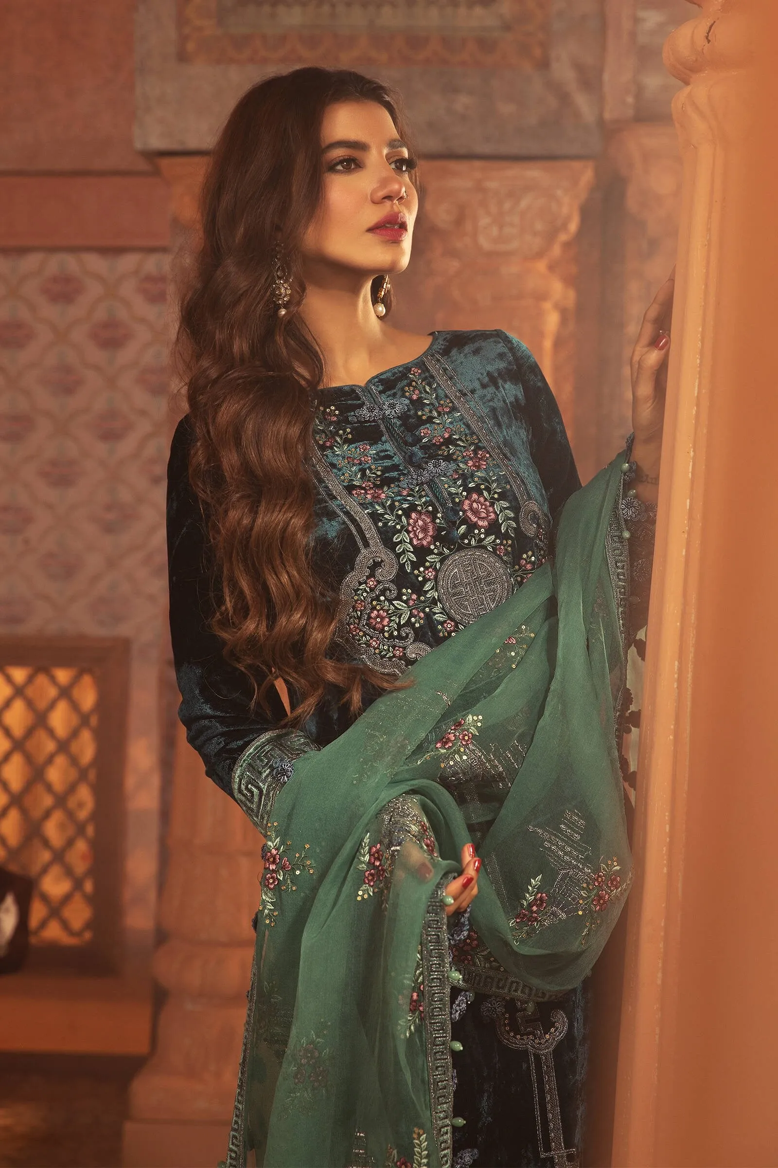 Pakistani Velvet Suit in Bottle Green Shade #PF315