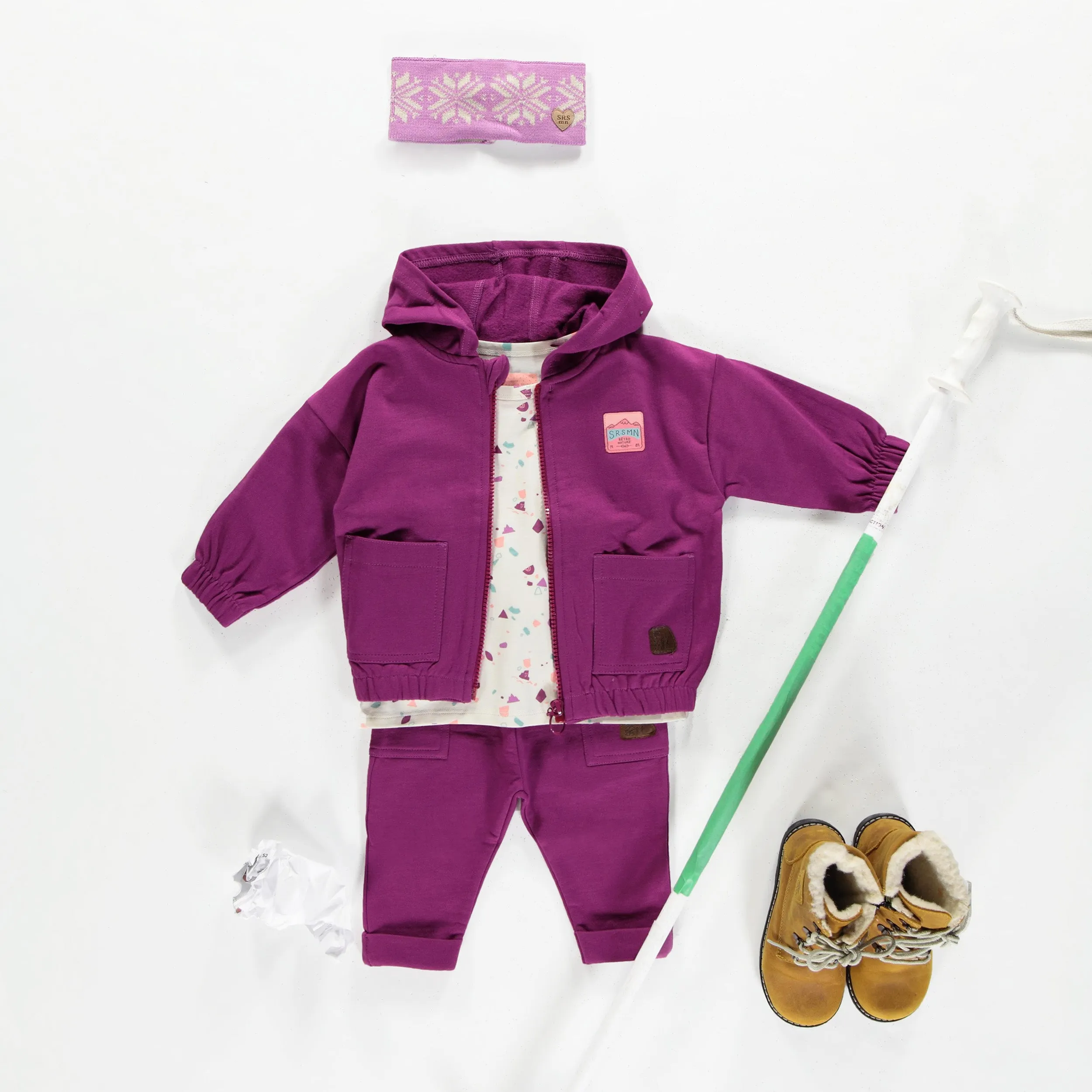 Pantalon mauve de coupe décontractée en coton ouaté, bébé || Purple pants casual fit in cotton-blend, baby