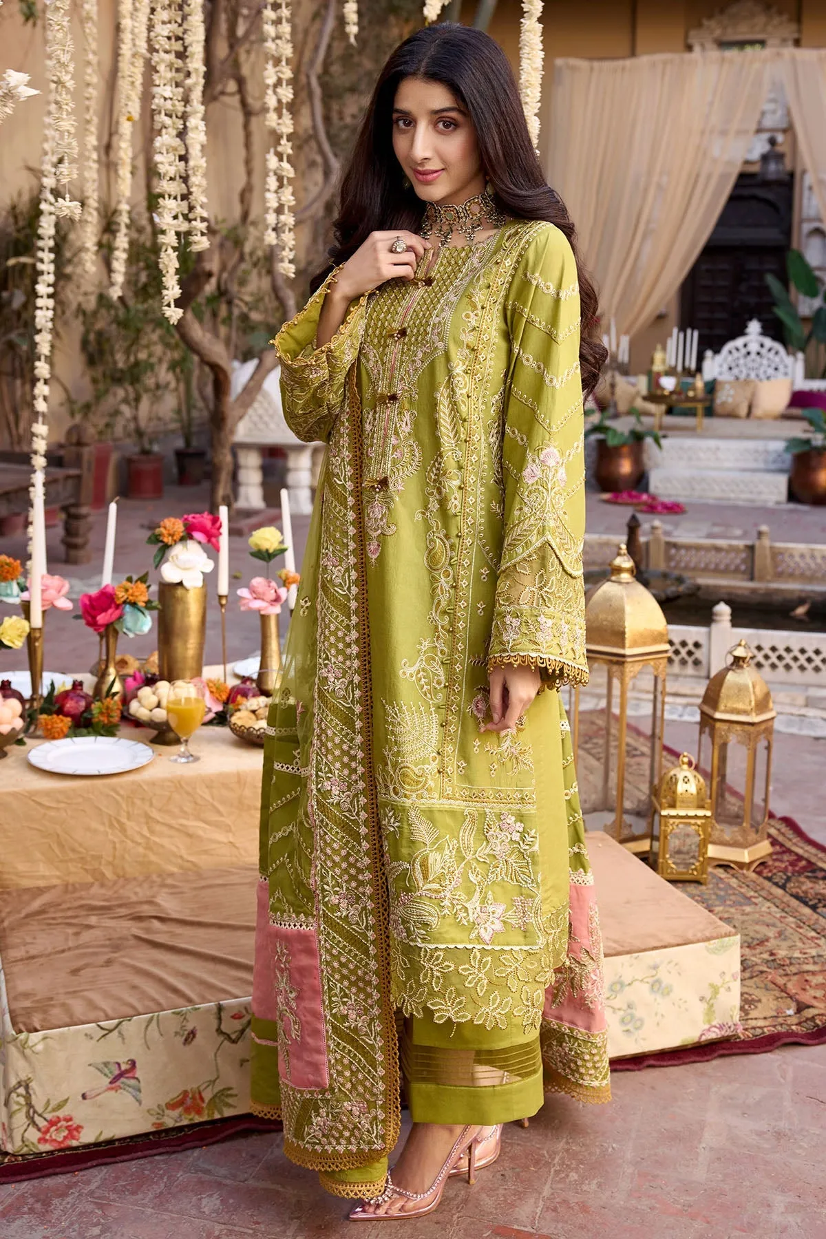 Parrot Green Embellished Kameez Trousers Pakistani Eid Dress