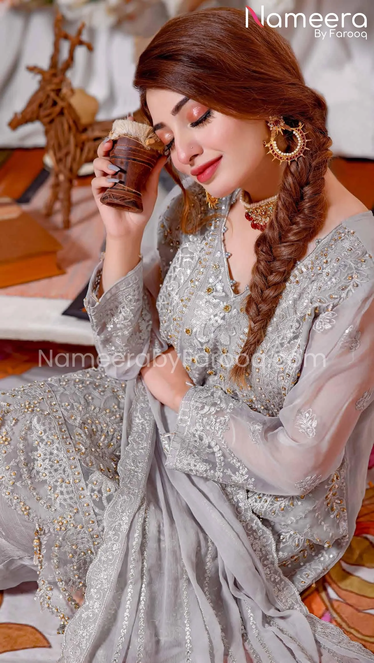 Party Wear Pakistani Dress in Silver Grey Color #PF240