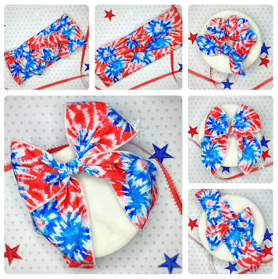 Patriotic Tie Dye Bow Strip, Baby Headwrap, Headband and Scrunchie Collection