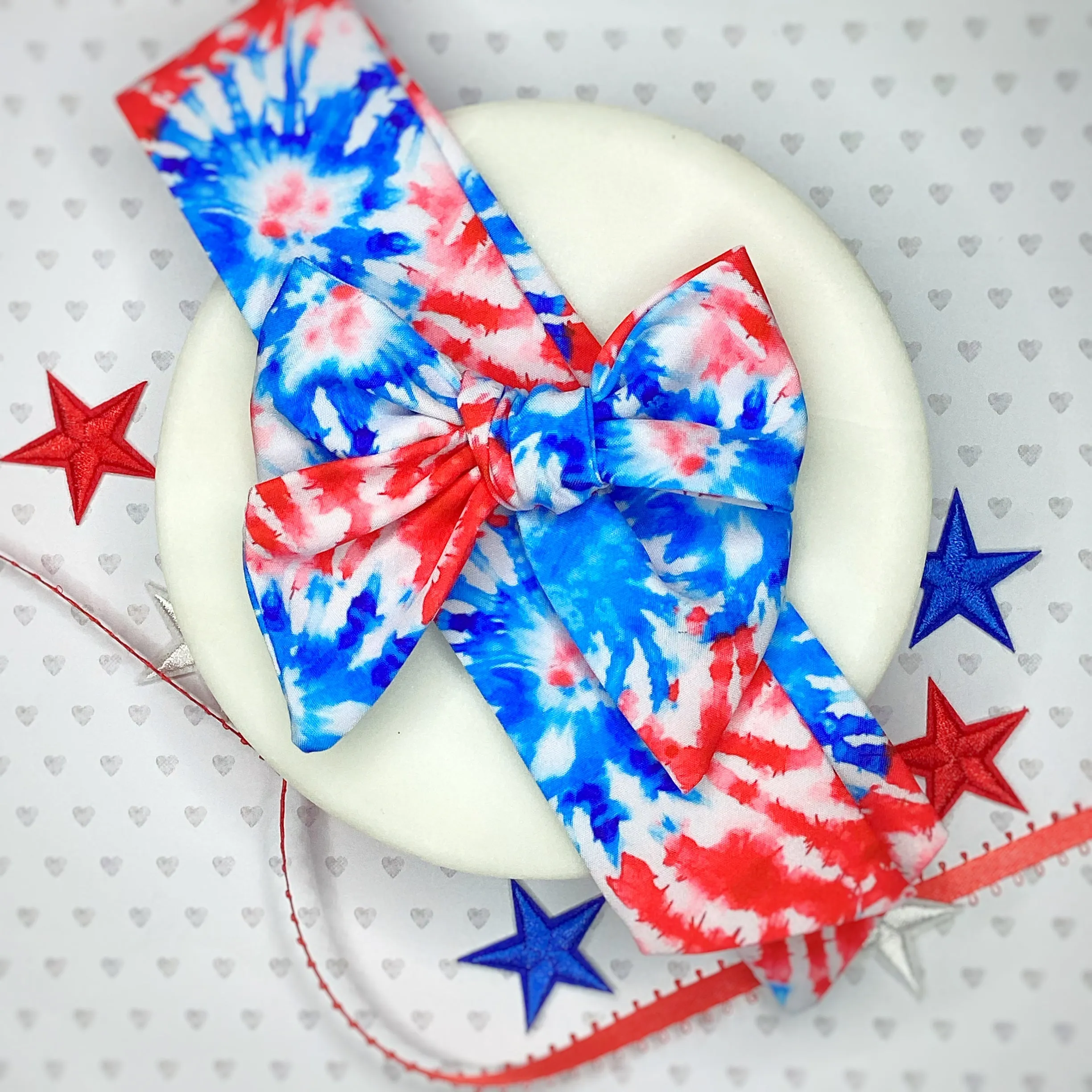Patriotic Tie Dye Bow Strip, Baby Headwrap, Headband and Scrunchie Collection