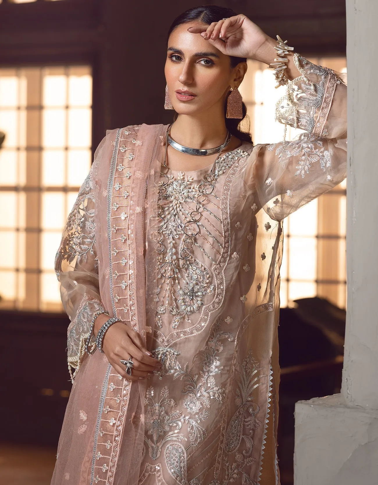 Peach Heavily Embroidered Long Pakistani Salwar Kameez Suit Dupatta