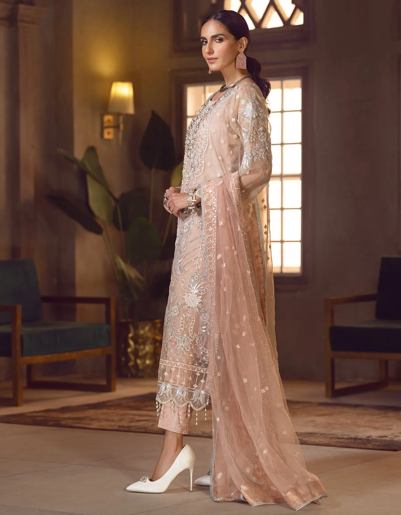 Peach Heavily Embroidered Long Pakistani Salwar Kameez Suit Dupatta