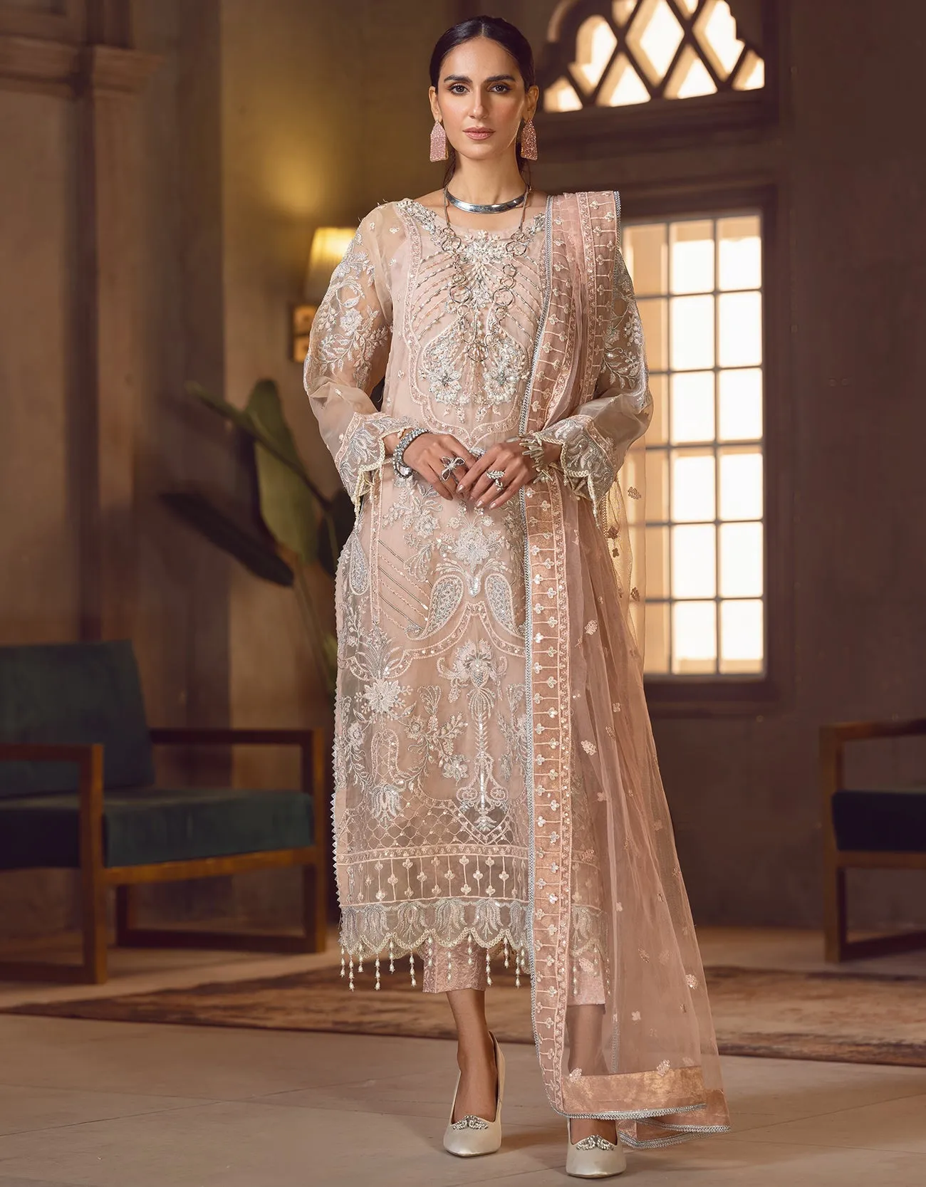 Peach Heavily Embroidered Long Pakistani Salwar Kameez Suit Dupatta