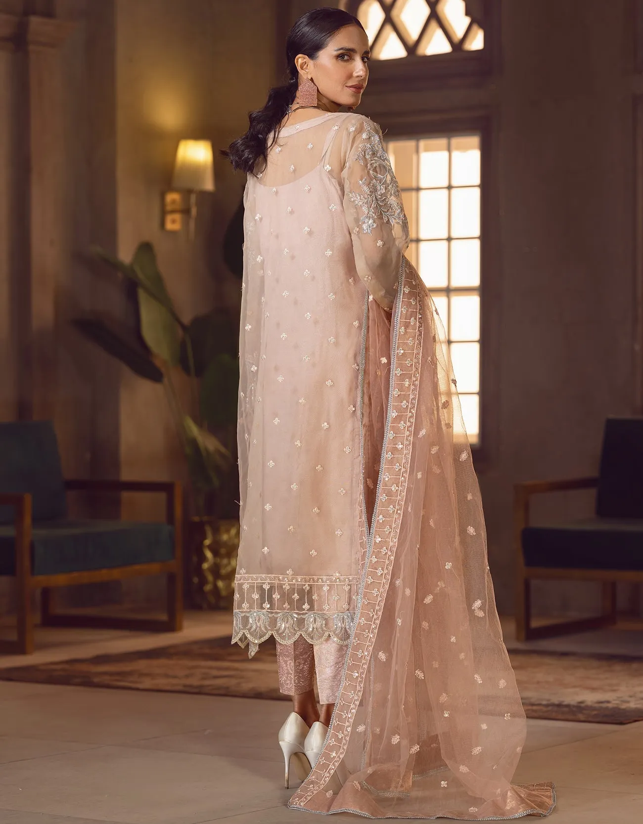 Peach Heavily Embroidered Long Pakistani Salwar Kameez Suit Dupatta