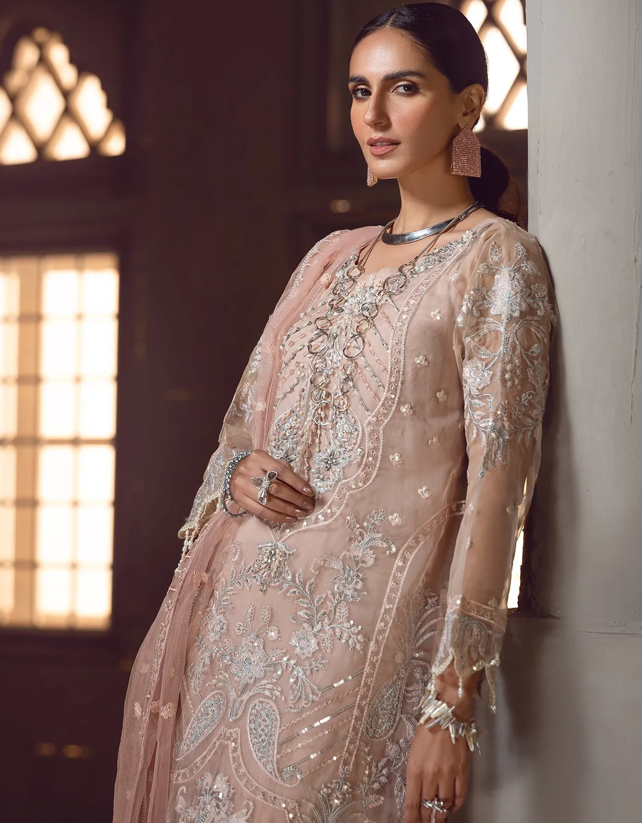 Peach Heavily Embroidered Long Pakistani Salwar Kameez Suit Dupatta