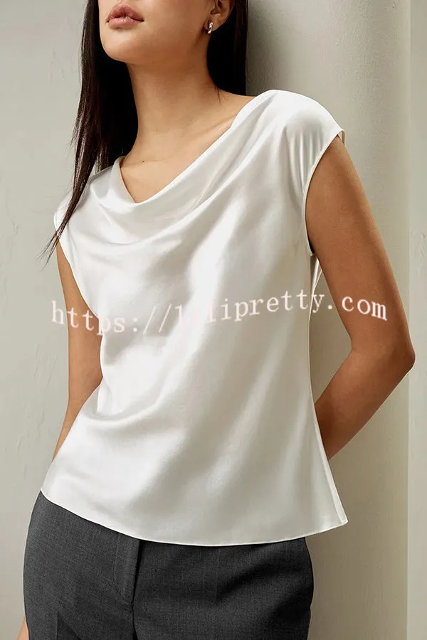 Pearly Luster Satin Cowl Neck Short Sleeve Loose Top