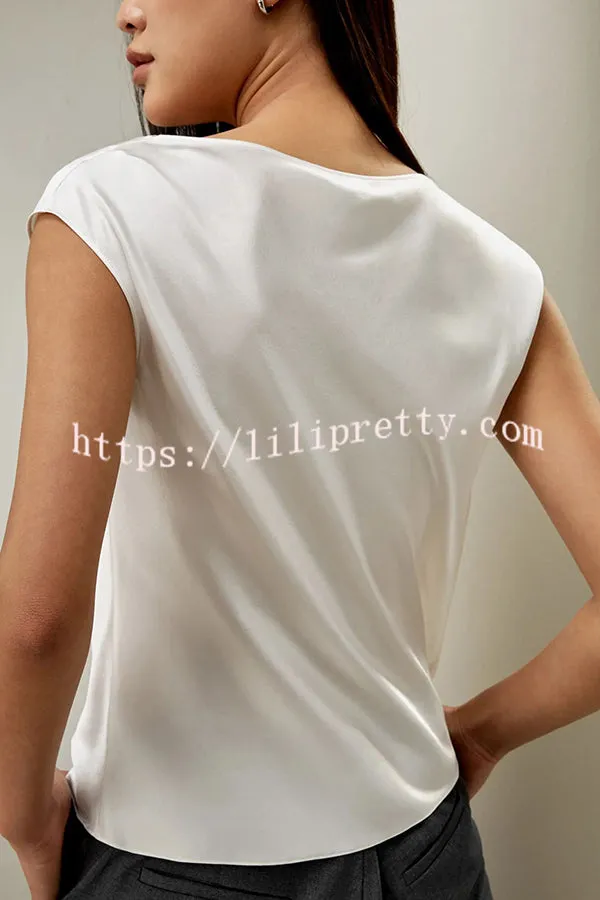 Pearly Luster Satin Cowl Neck Short Sleeve Loose Top