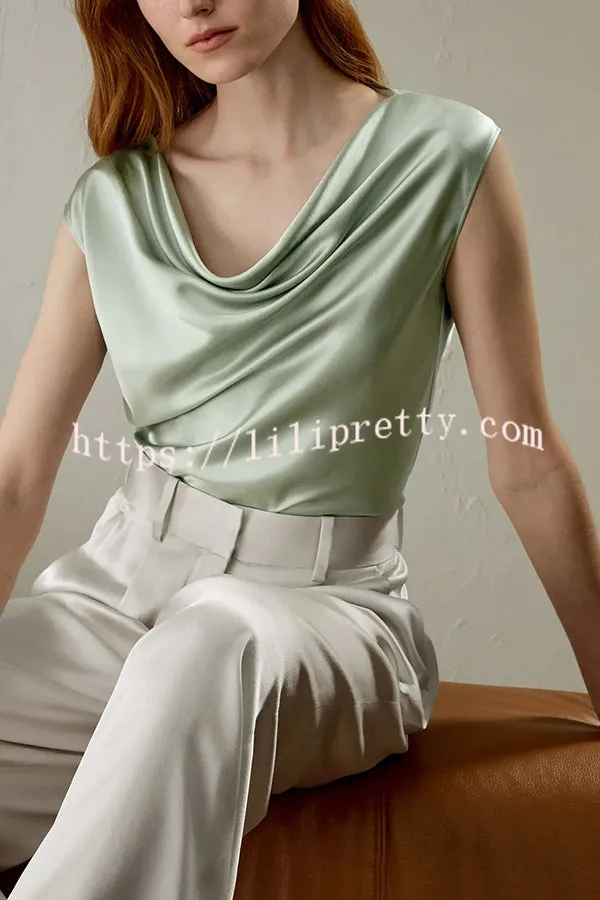 Pearly Luster Satin Cowl Neck Short Sleeve Loose Top