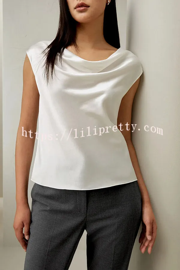Pearly Luster Satin Cowl Neck Short Sleeve Loose Top
