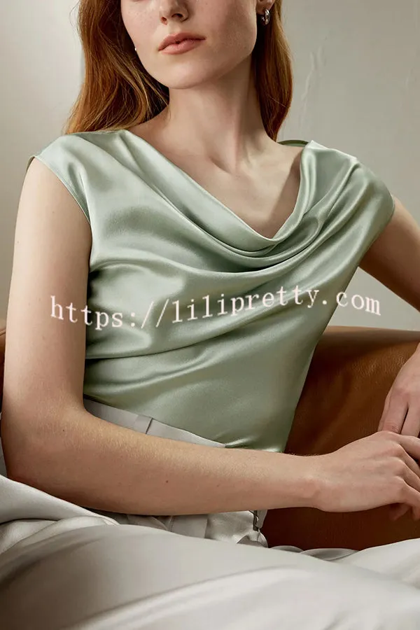 Pearly Luster Satin Cowl Neck Short Sleeve Loose Top