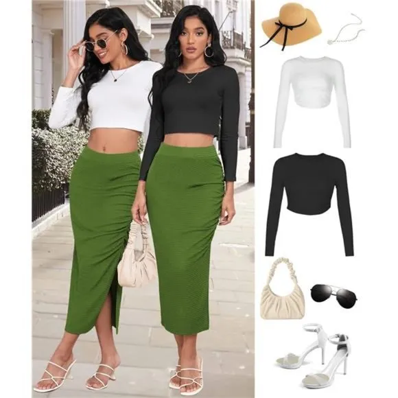 Pencil Midi Skirt for Women Green