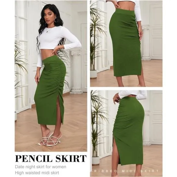 Pencil Midi Skirt for Women Green