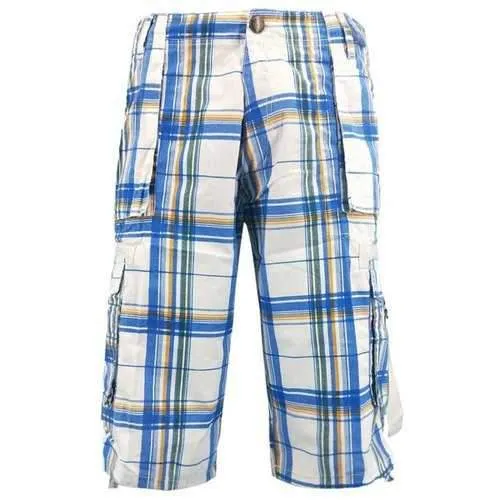 Plaid Drawstring Edge Cargo Shorts - Sky Blue 34