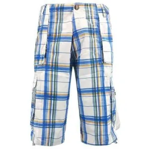 Plaid Drawstring Edge Cargo Shorts - Sky Blue 34