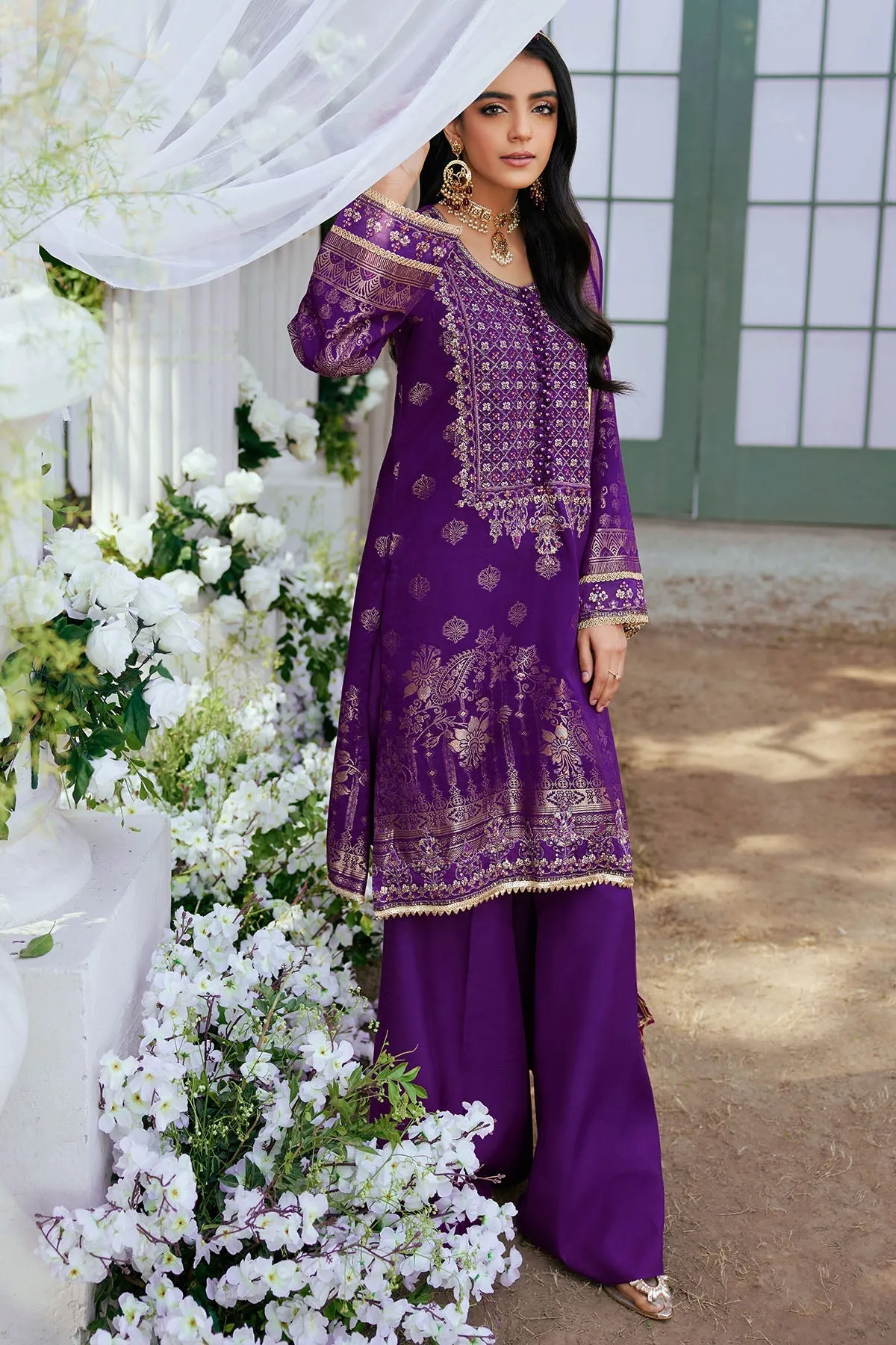 Purple Embroidered Kameez and Trousers Pakistani Eid Dress
