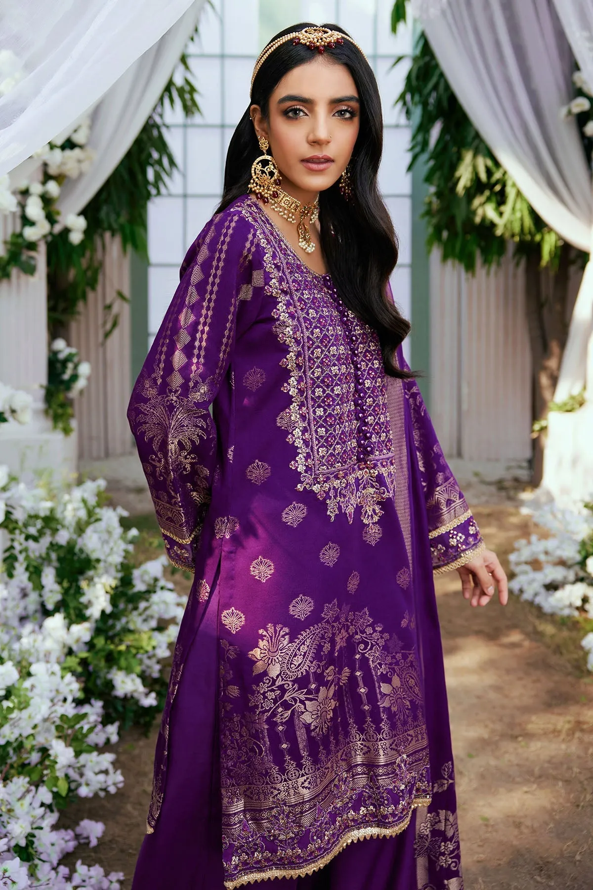 Purple Embroidered Kameez and Trousers Pakistani Eid Dress