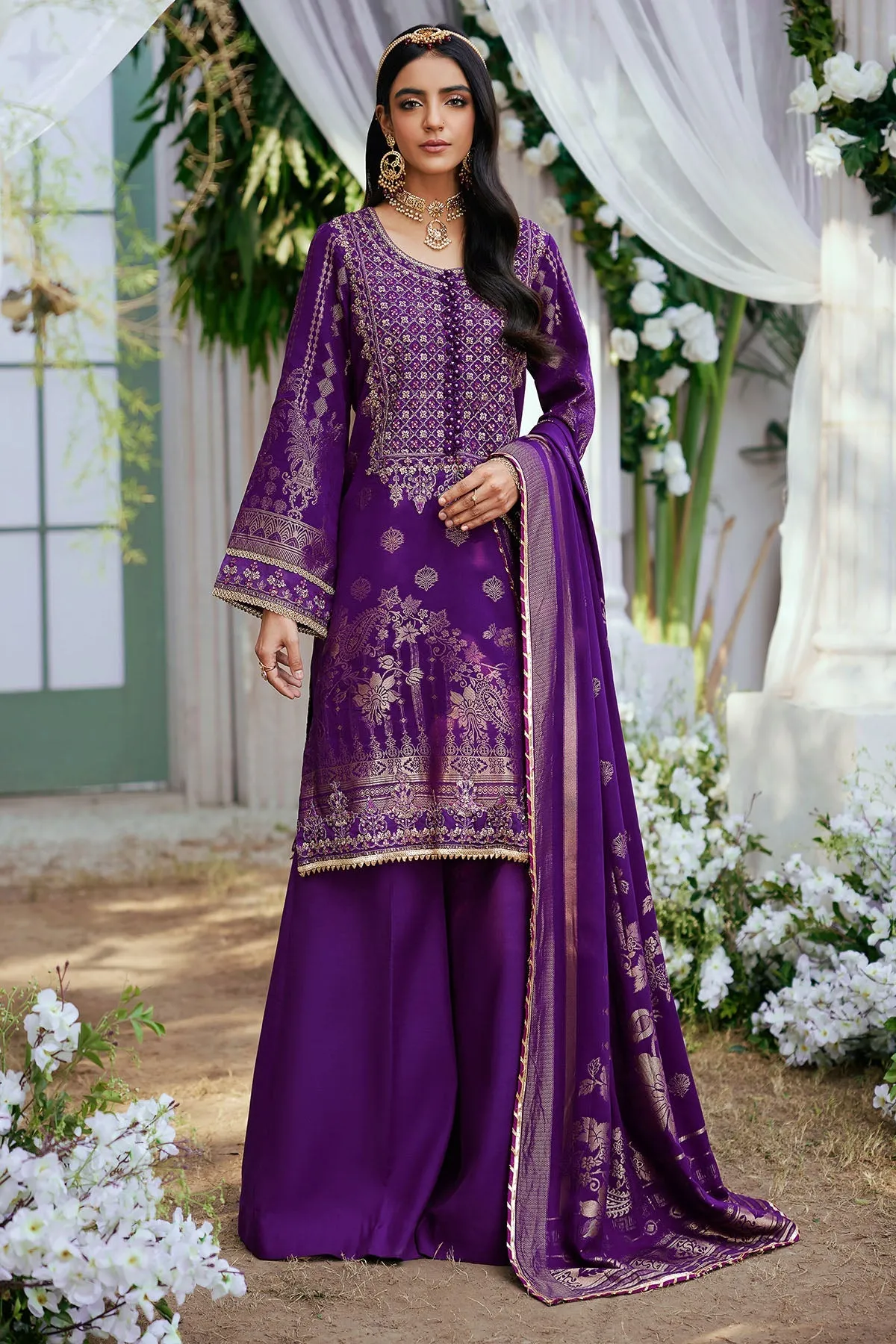 Purple Embroidered Kameez and Trousers Pakistani Eid Dress