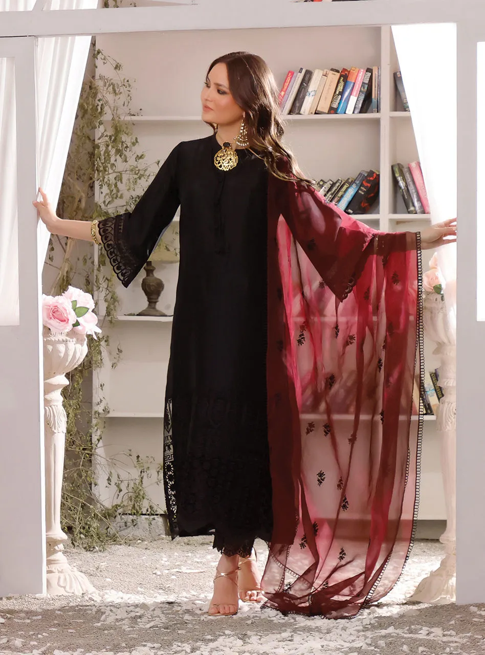 Raw Silk Kameez Trouser Pakistani Eid Dress in Black