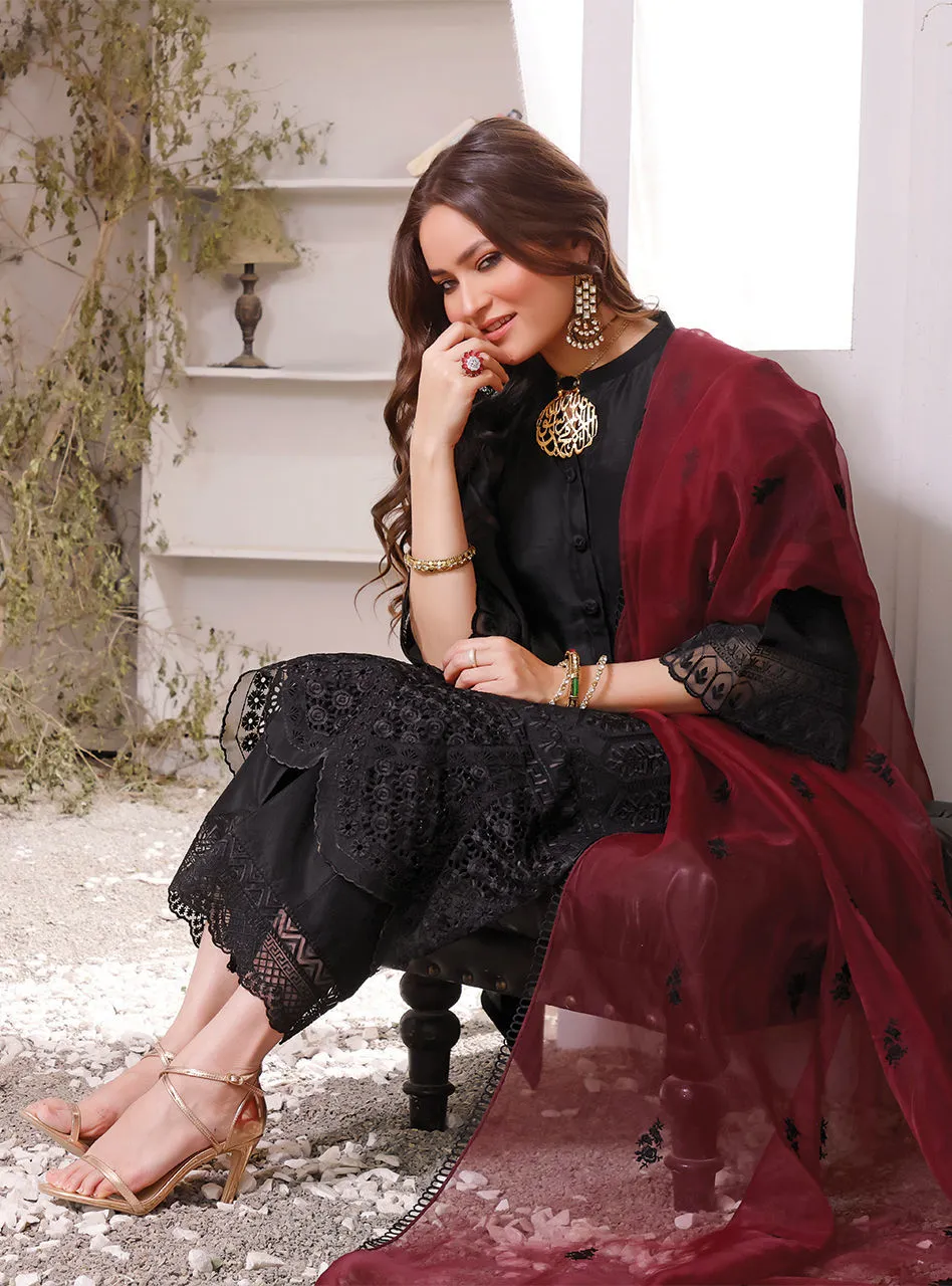 Raw Silk Kameez Trouser Pakistani Eid Dress in Black