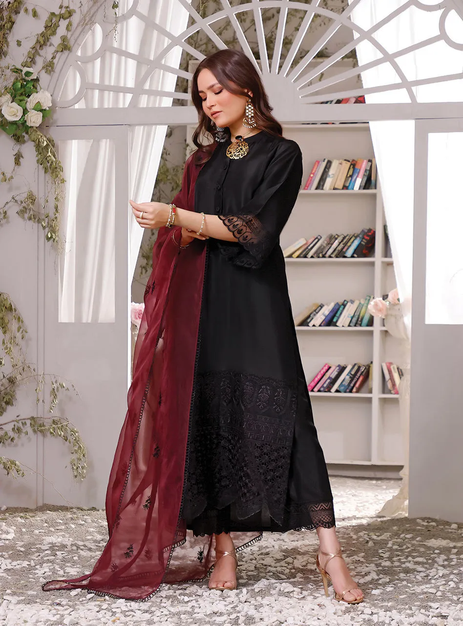 Raw Silk Kameez Trouser Pakistani Eid Dress in Black