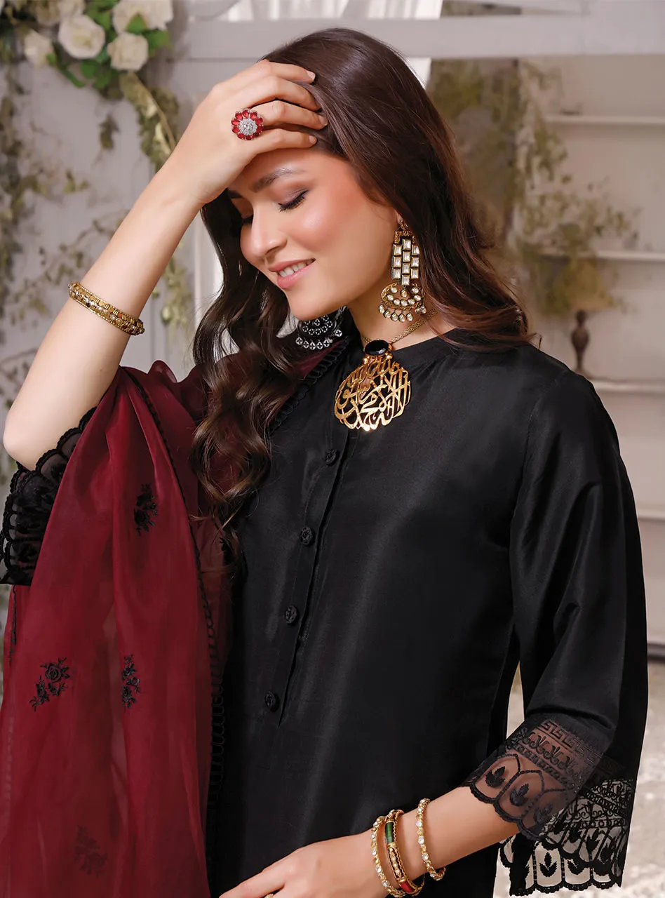 Raw Silk Kameez Trouser Pakistani Eid Dress in Black