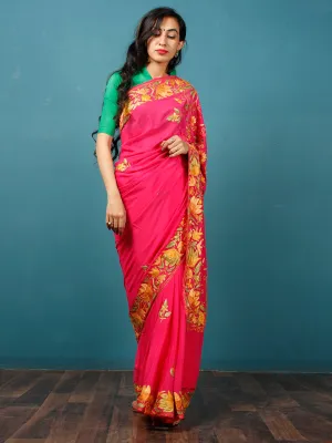 Red Yellow Green Aari Embroidered Bhagalpuri Silk Saree From Kashmir  - S031703070
