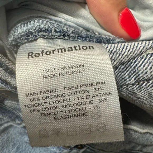 Reformation women’s straight skinny jean light maya wash size 29 organic cotton