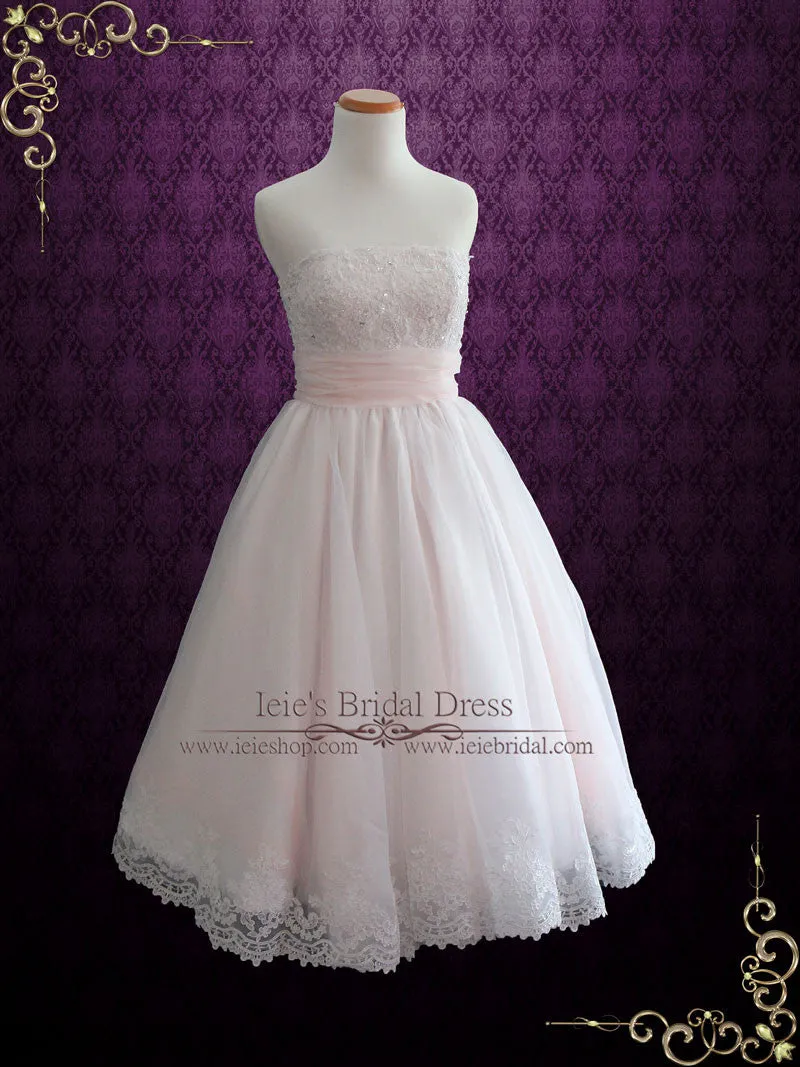 Retro 50s Blush Pink Strapless Tea Length Lace Wedding Dress | Susanah