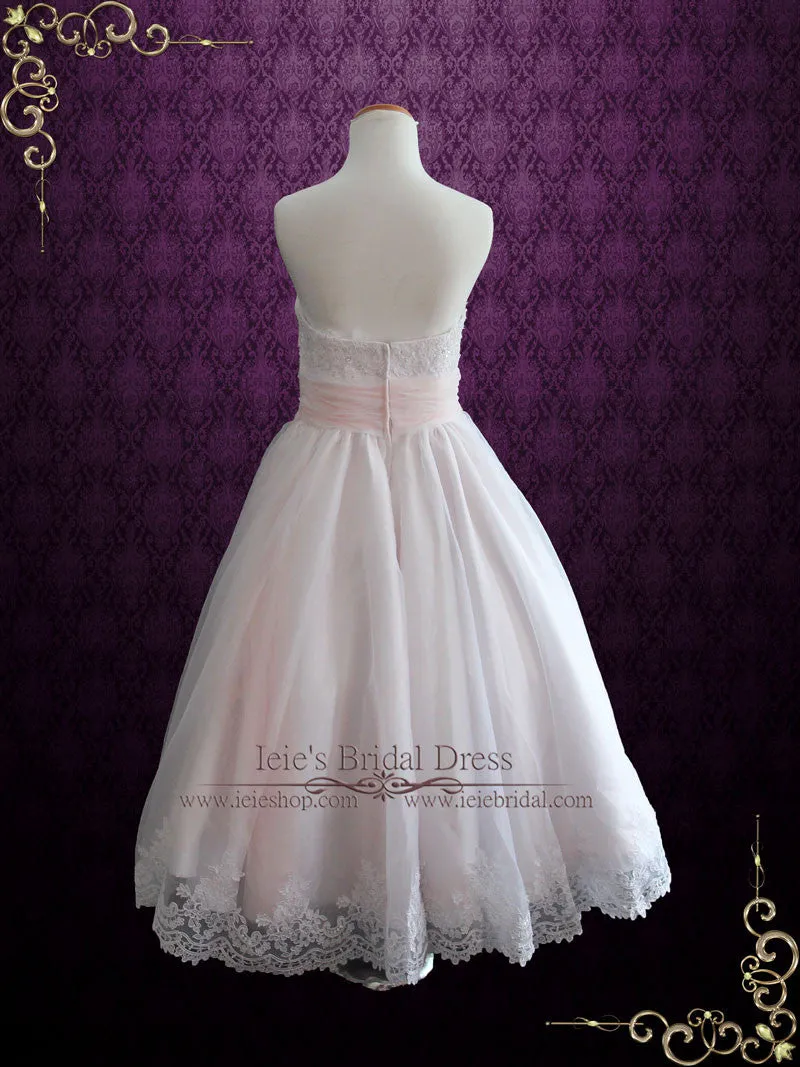 Retro 50s Blush Pink Strapless Tea Length Lace Wedding Dress | Susanah