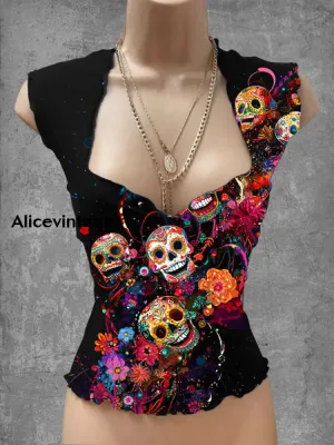 Retro Punk Floral Print V Neck Casual Top