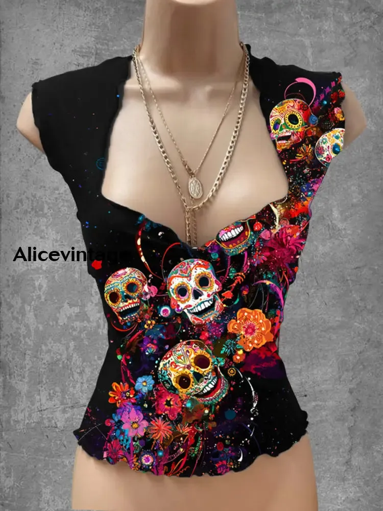 Retro Punk Floral Print V Neck Casual Top