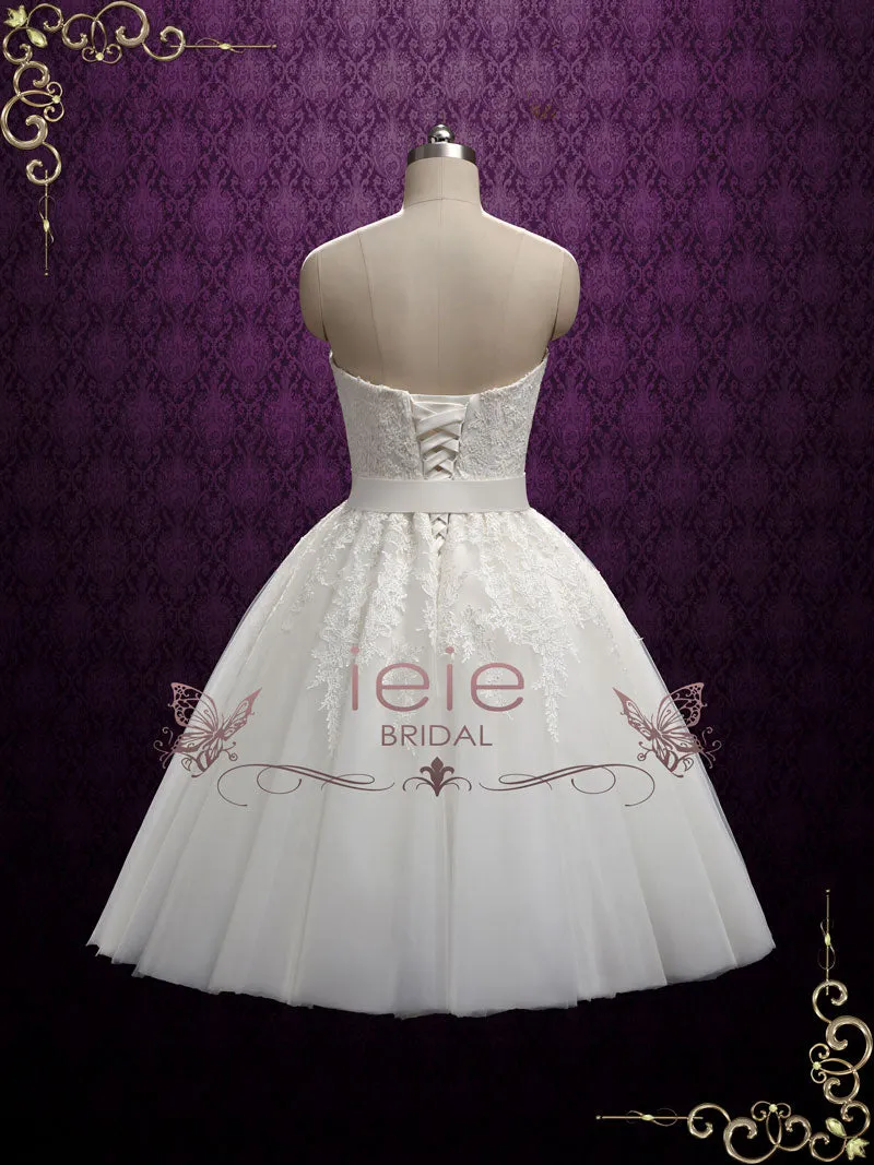 Retro Strapless Tea Length Wedding Dress with Lace | Flora