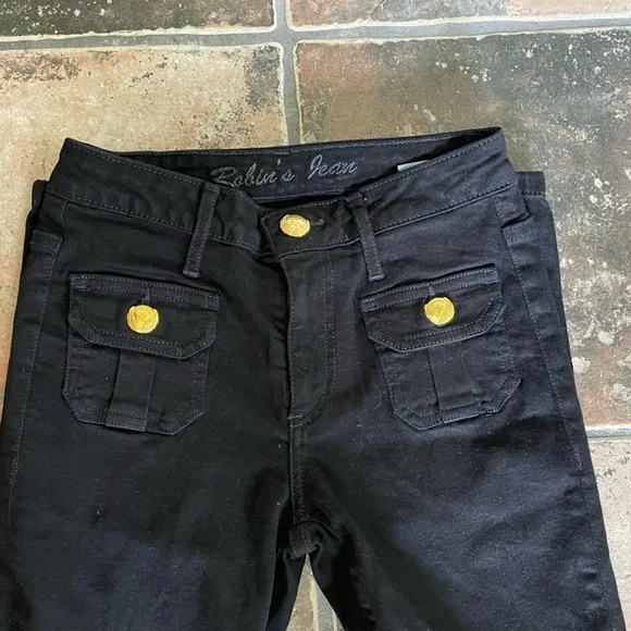 Robin’s Jean Black Gold Button Front Pocket Skinny Jeans Size 25