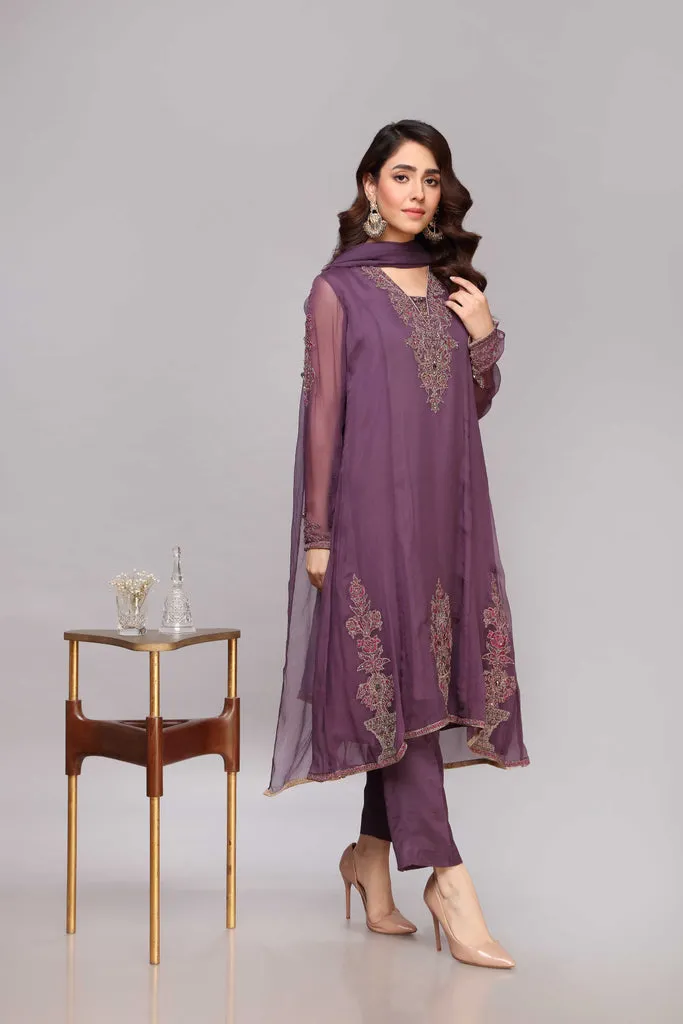 Royal Kameez Trouser and Dupatta Purple Dress Pakistani