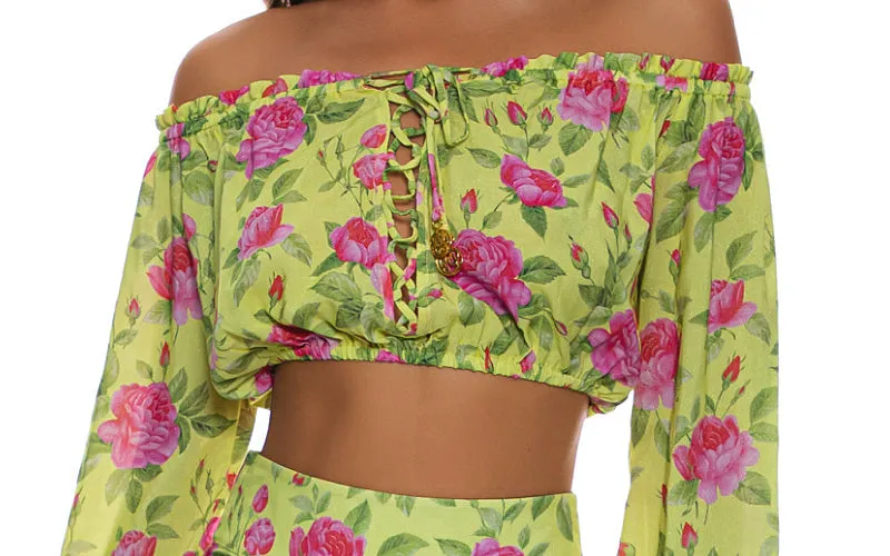 Ruffle Laced up Open Shoulders Crop-Ruffle Short ::RET