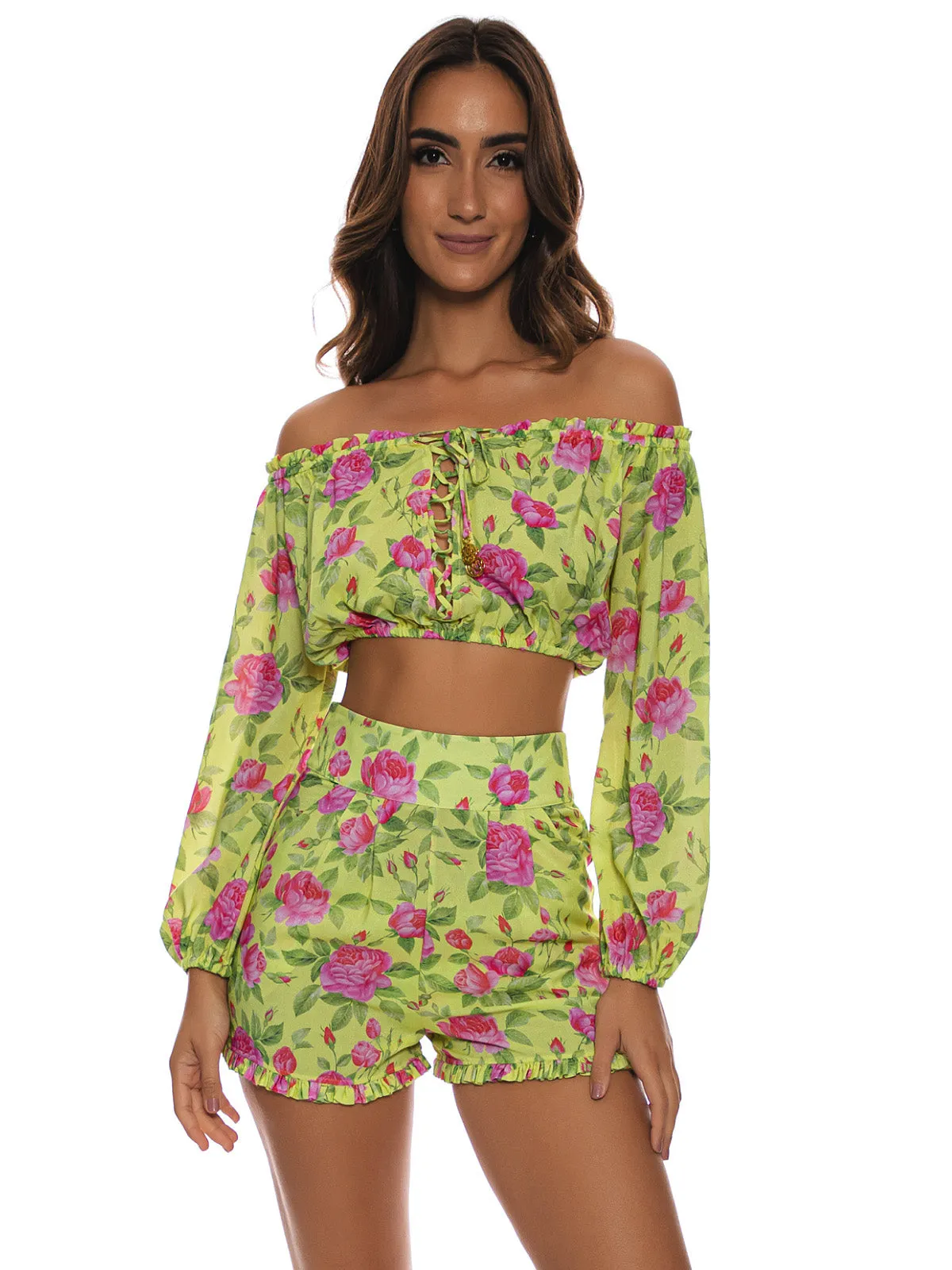 Ruffle Laced up Open Shoulders Crop-Ruffle Short ::RET