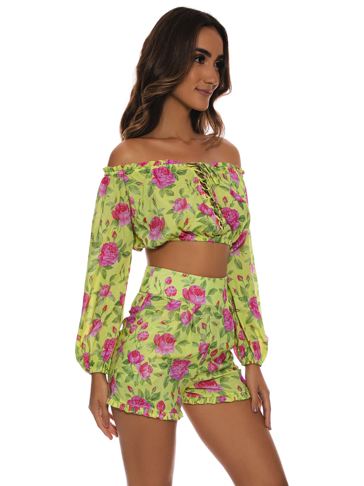 Ruffle Laced up Open Shoulders Crop-Ruffle Short ::RET