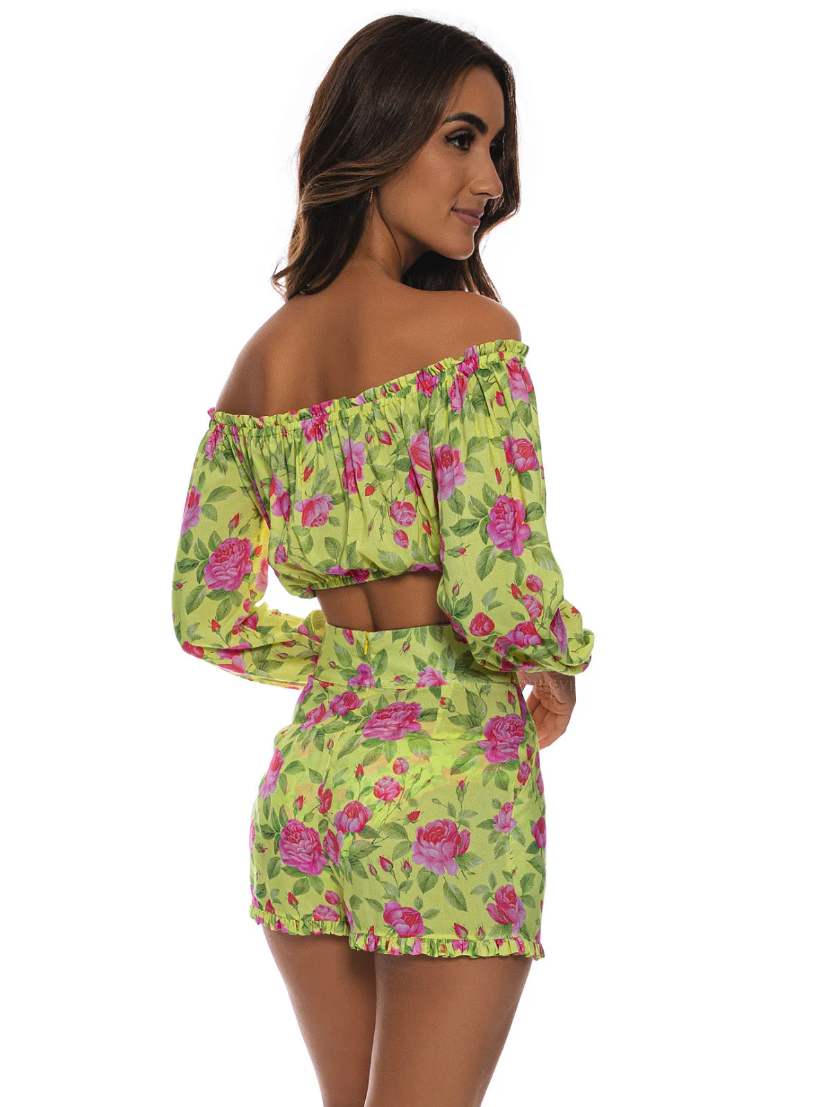 Ruffle Laced up Open Shoulders Crop-Ruffle Short ::RET