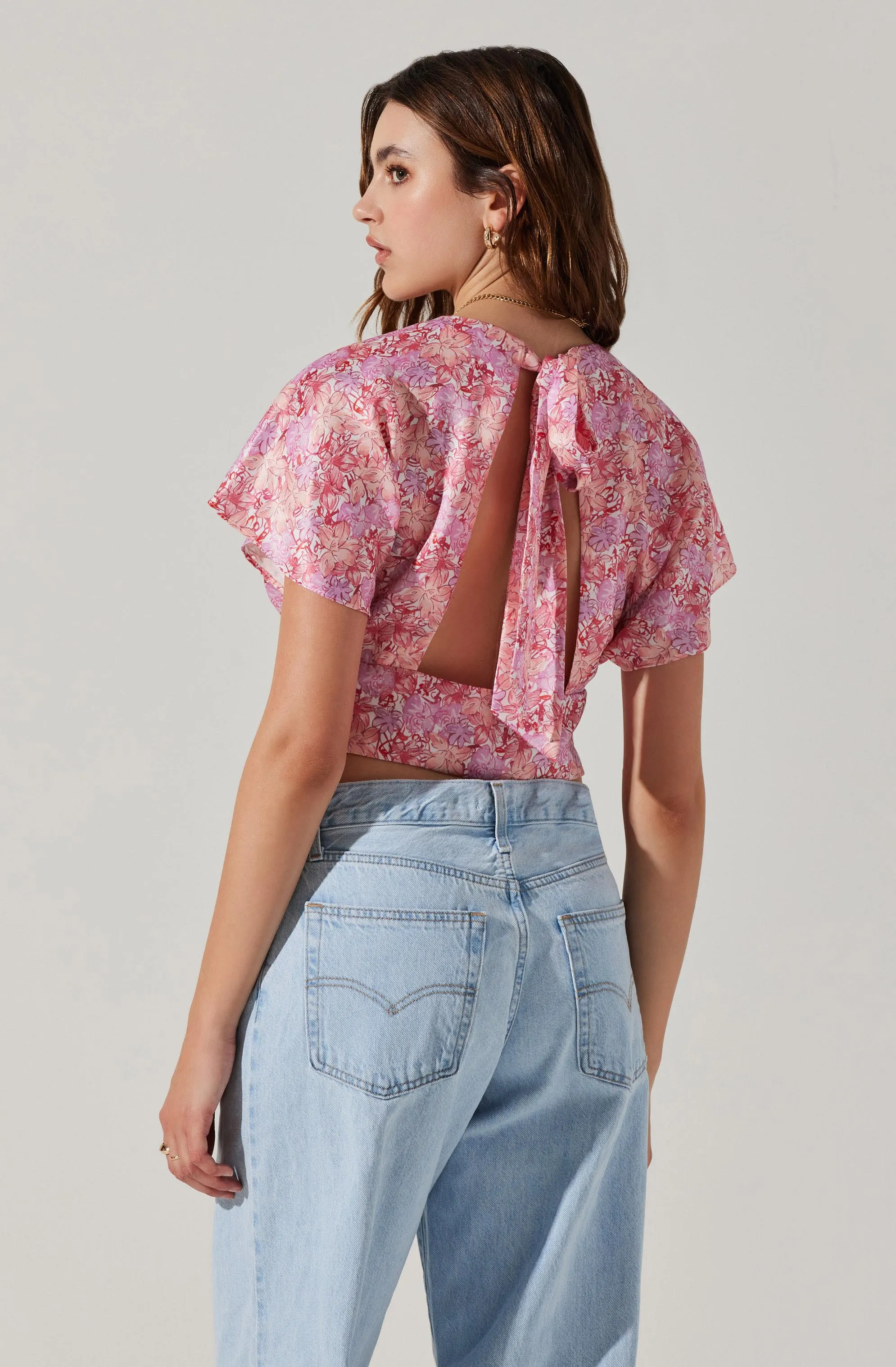 Satin Tie Back Flutter Sleeve Top