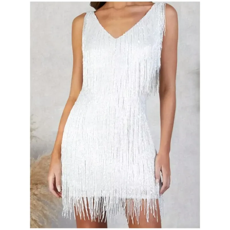 Sexy Deep V Sleeveless Tassels Mini Dress Women Glitter Night Clubwear Party Prom Evening Bodycon Dresses Femme Vestidos Summer