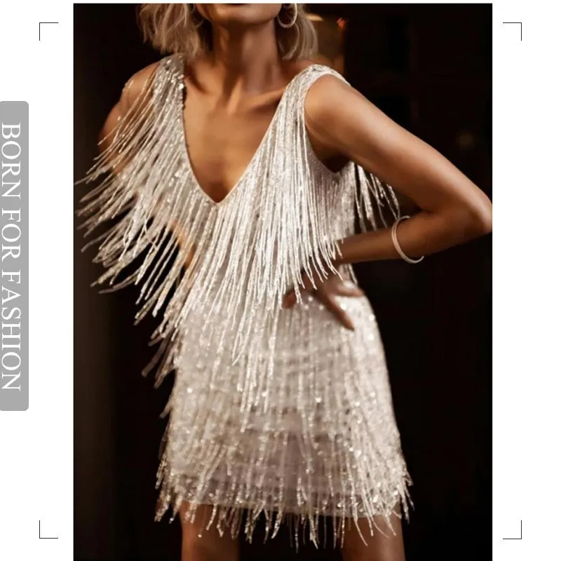 Sexy Deep V Sleeveless Tassels Mini Dress Women Glitter Night Clubwear Party Prom Evening Bodycon Dresses Femme Vestidos Summer