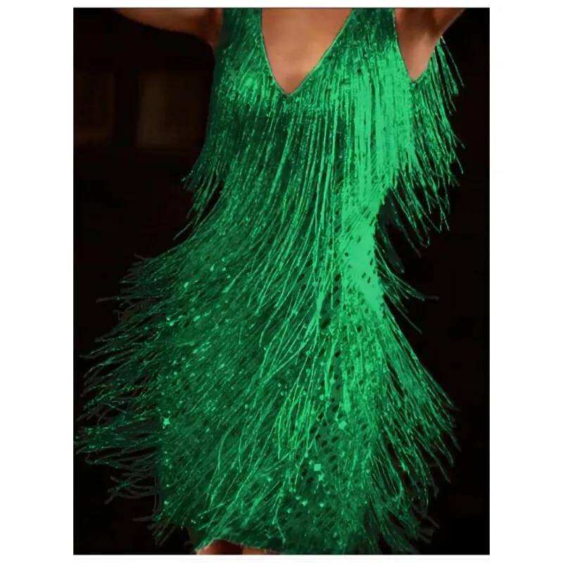 Sexy Deep V Sleeveless Tassels Mini Dress Women Glitter Night Clubwear Party Prom Evening Bodycon Dresses Femme Vestidos Summer