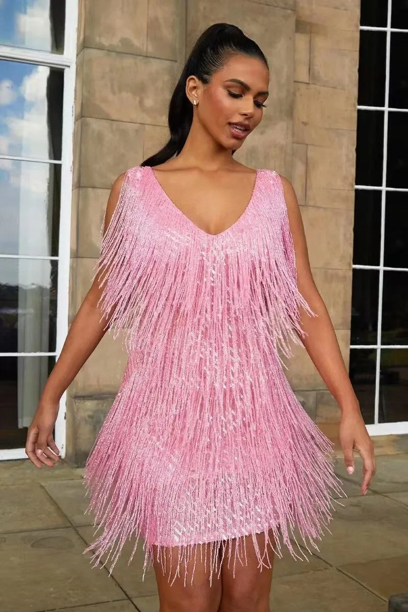 Sexy Deep V Sleeveless Tassels Mini Dress Women Glitter Night Clubwear Party Prom Evening Bodycon Dresses Femme Vestidos Summer